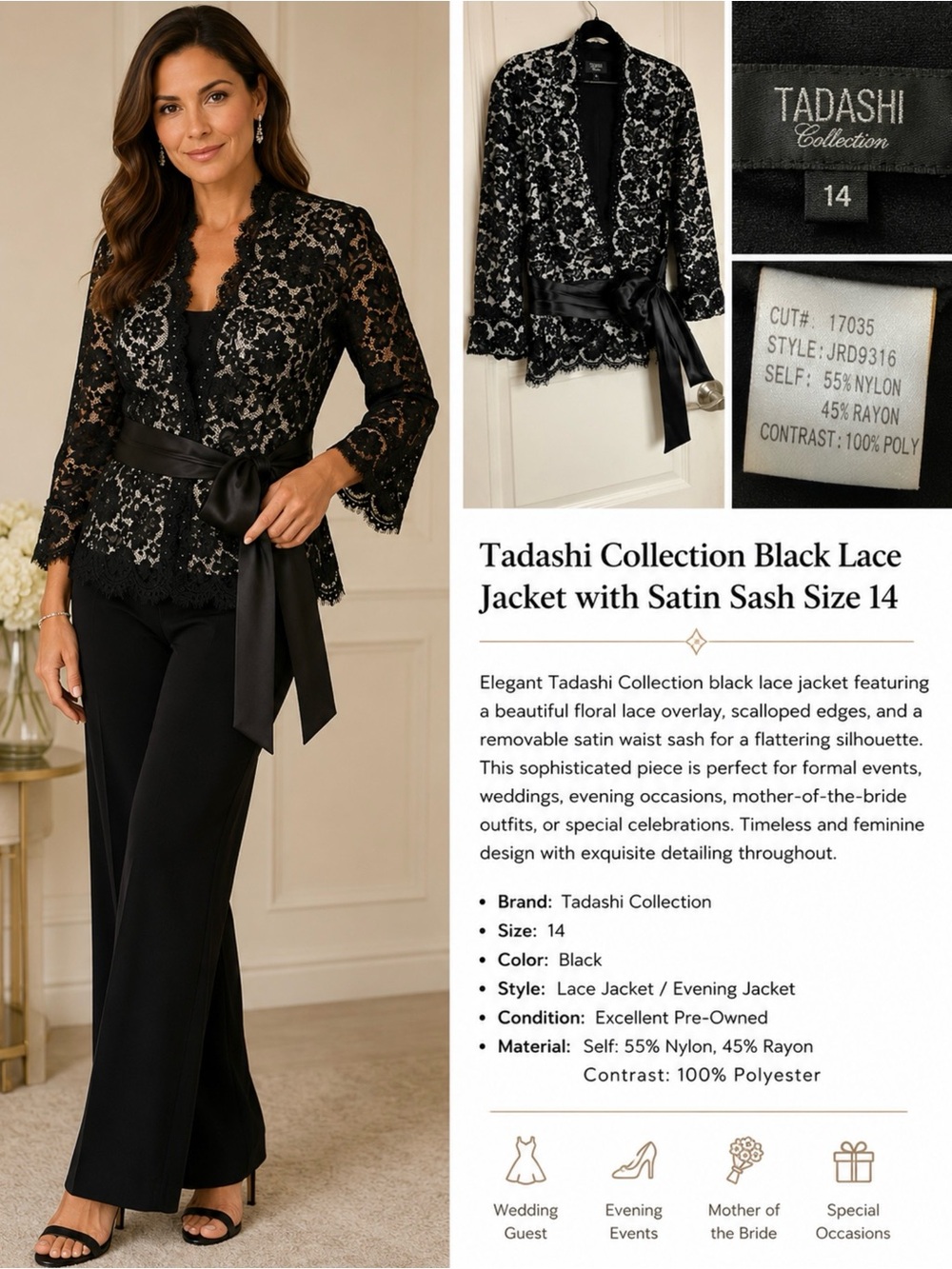 Tadashi Collection Black Lace Jacket with Satin Sash Size 14